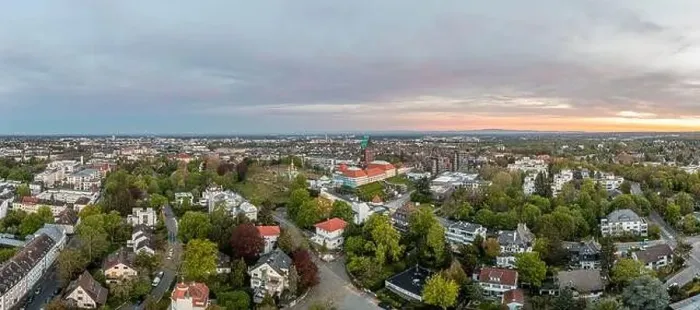 Framed Print : Drone panorama of the Hessian university city Darmstadt in Germany in the morning light Framed Print : Drone panorama of the Hessian university city Darmstadt in Germany in the morning light