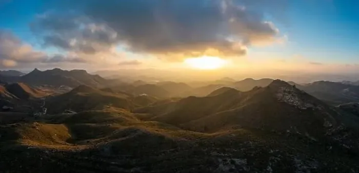 Framed Print : Drone panorama landscape of semi-desert mountain landscape in southern Spain at sunset Framed Print : Drone panorama landscape of semi-desert mountain landscape in southern Spain at sunset
