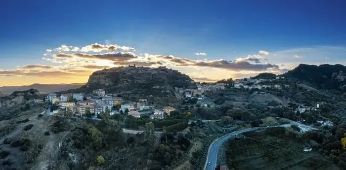 Framed Print : Drone panorama view of the hilltop village of Santa Severina in Calabria at sunrise Framed Print : Drone panorama view of the hilltop village of Santa Severina in Calabria at sunrise