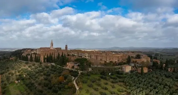 Framed Print : A drone panorama view of the Tuscan hilltop village of Pienza Framed Print : A drone panorama view of the Tuscan hilltop village of Pienza