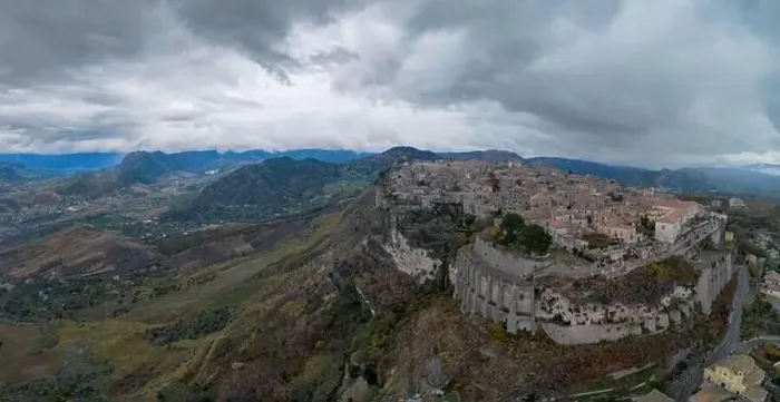 Framed Print : Drone perspective of the picturesque mountain village of Gerace in Calabria Framed Print : Drone perspective of the picturesque mountain village of Gerace in Calabria