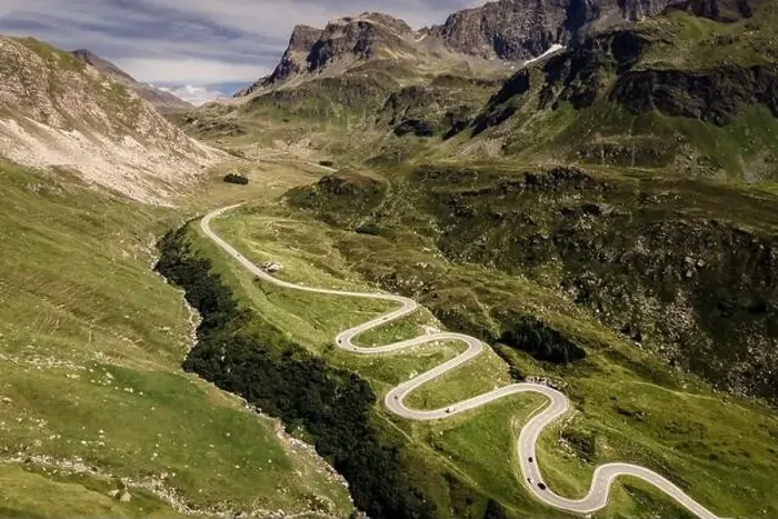Framed Print : Drone photo of winding roads on Julierpass in Switzerland Framed Print : Drone photo of winding roads on Julierpass in Switzerland