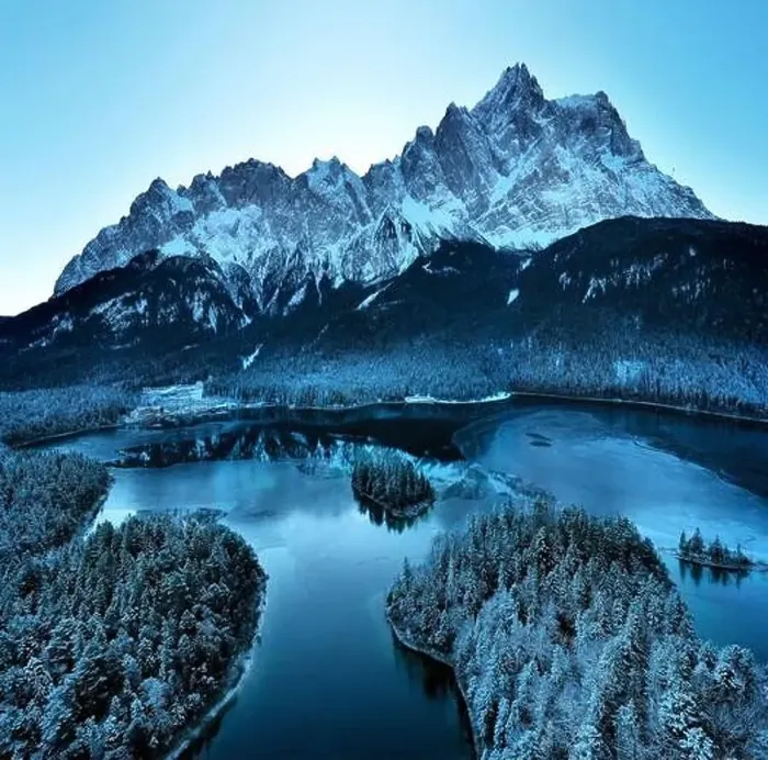 Framed Print : drone shot of beautiful half frozen Eibsee