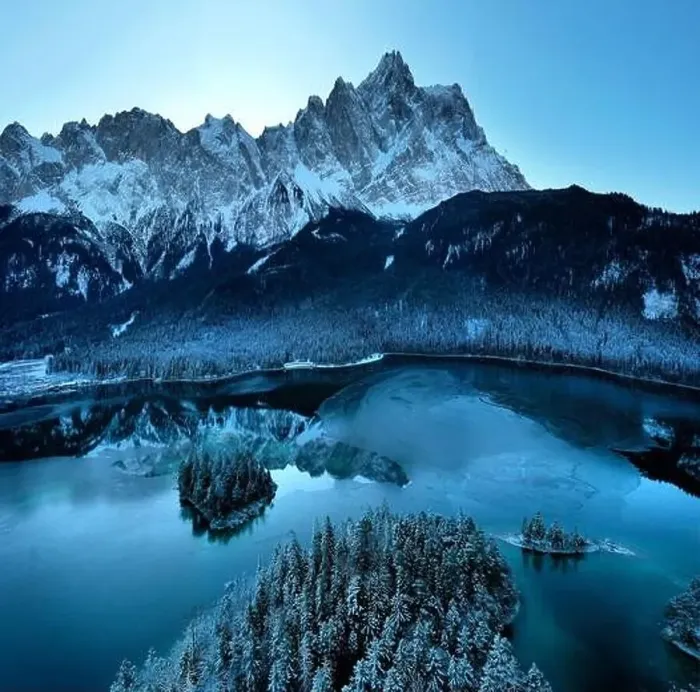 Framed Print : drone shot of beautiful half frozen Eibsee