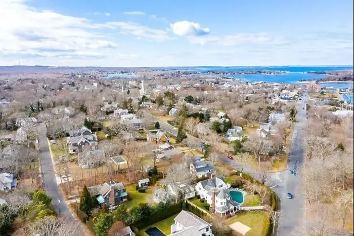 Framed Print : Drone shot looking west down Bay Street into the village of Sag Harbor, NY