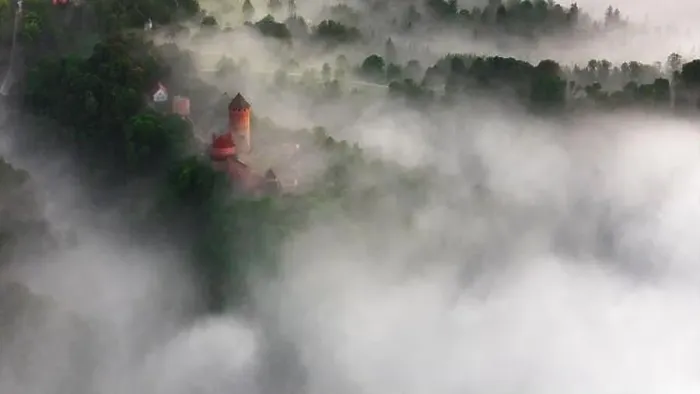 Framed Print : drone shot of turaida castle in early morning with fog in the forest valley Framed Print : drone shot of turaida castle in early morning with fog in the forest valley