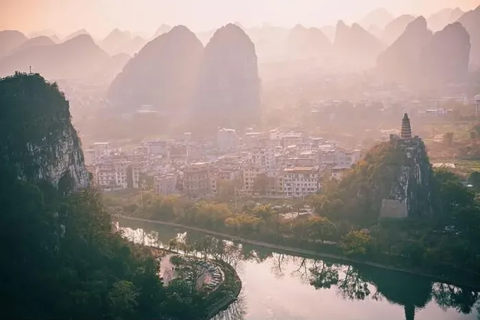Framed Print : Drone Sunset View of Guilin, Li River and Karst mountains, Guilin city, Guangxi, province, China Framed Print : Drone Sunset View of Guilin, Li River and Karst mountains, Guilin city, Guangxi, province, China