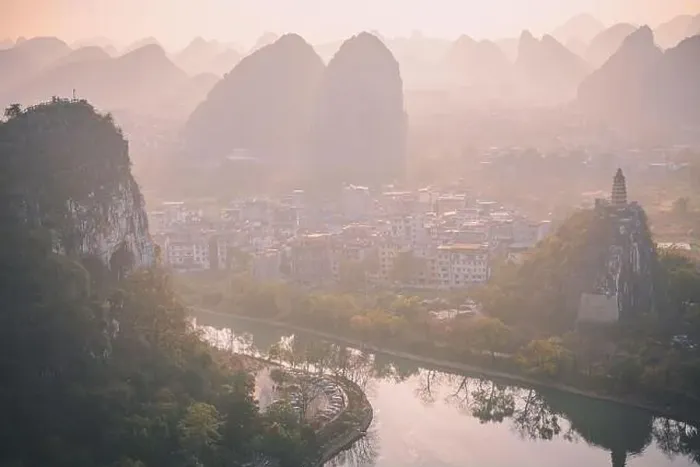 Framed Print : Drone Sunset View of Guilin, Li River and Karst mountains, Guilin city, Guangxi, province, China Framed Print : Drone Sunset View of Guilin, Li River and Karst mountains, Guilin city, Guangxi, province, China