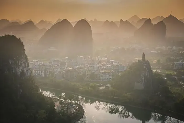 Framed Print : Drone Sunset View of Guilin, Li River and Karst mountains, Guilin city, Guangxi, province, China Framed Print : Drone Sunset View of Guilin, Li River and Karst mountains, Guilin city, Guangxi, province, China