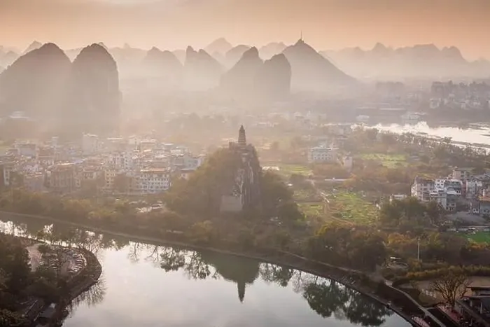 Framed Print : Drone Sunset View of Guilin, Li River and Karst mountains, Guilin city, Guangxi, province, China Framed Print : Drone Sunset View of Guilin, Li River and Karst mountains, Guilin city, Guangxi, province, China