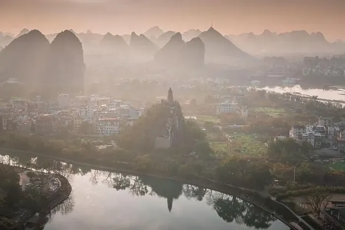 Framed Print : Drone Sunset View of Guilin, Li River and Karst mountains, Guilin city, Guangxi, province, China