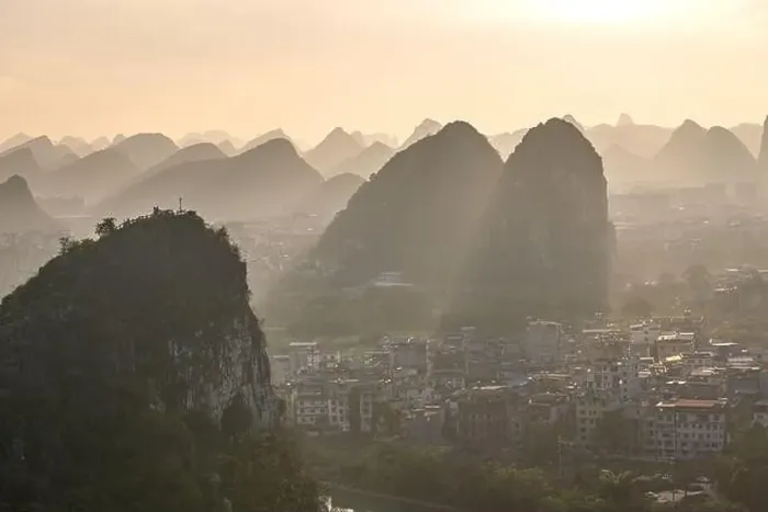 Framed Print : Drone Sunset View of Guilin, Li River and Karst mountains, Guilin city, Guangxi, province, China Framed Print : Drone Sunset View of Guilin, Li River and Karst mountains, Guilin city, Guangxi, province, China