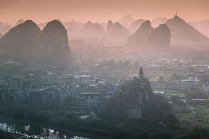 Framed Print : Drone Sunset View of Guilin, Li River and Karst mountains, Guilin city, Guangxi, province, China Framed Print : Drone Sunset View of Guilin, Li River and Karst mountains, Guilin city, Guangxi, province, China