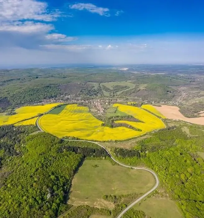 Framed Print : Drone view of Abaliget with canola field Framed Print : Drone view of Abaliget with canola field