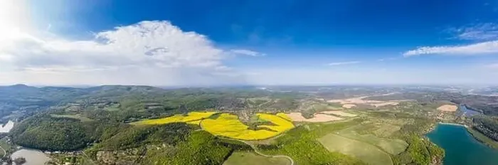 Framed Print : Drone view of Abaliget with canola field Framed Print : Drone view of Abaliget with canola field