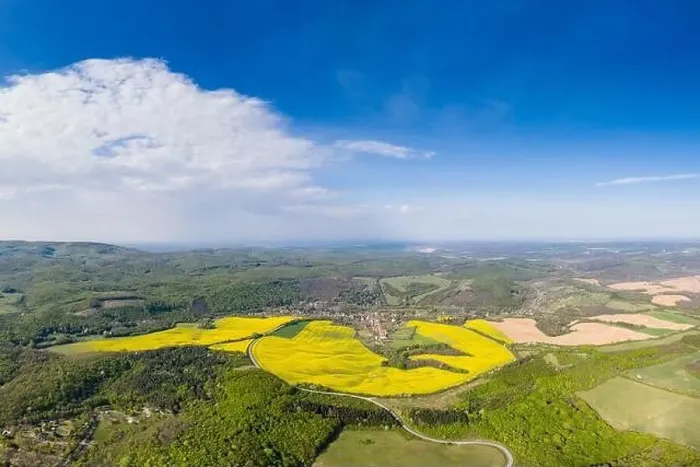 Framed Print : Drone view of Abaliget with canola field Framed Print : Drone view of Abaliget with canola field
