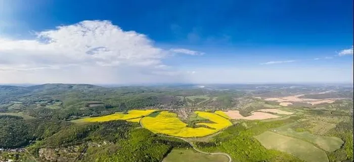 Framed Print : Drone view of Abaliget with canola field Framed Print : Drone view of Abaliget with canola field