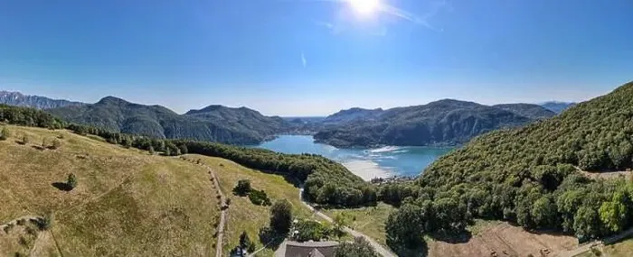 Framed Print : Drone view at alp Vicania over Morcote and lake Lugano on Switzerland Framed Print : Drone view at alp Vicania over Morcote and lake Lugano on Switzerland