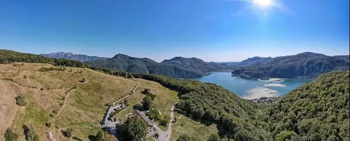 Framed Print : Drone view at alp Vicania over Morcote and lake Lugano on Switzerland Framed Print : Drone view at alp Vicania over Morcote and lake Lugano on Switzerland