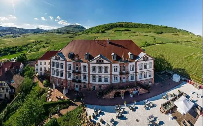 Framed Print : Drone view of an ancient castle used for weddings and celebrations. Spacious terrace, sunny day. Alsace, France Framed Print : Drone view of an ancient castle used for weddings and celebrations. Spacious terrace, sunny day. Alsace, France