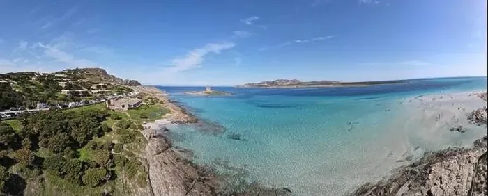 Framed Print : Drone view at the beach of Pelosa at Stintino on Sardinia in Italy Framed Print : Drone view at the beach of Pelosa at Stintino on Sardinia in Italy