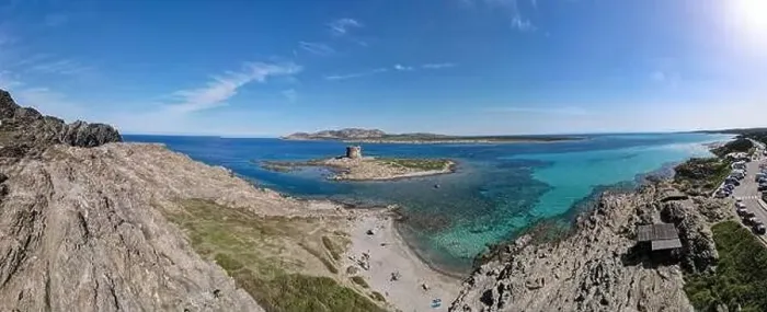 Framed Print : Drone view at the beach of Pelosa at Stintino on Sardinia in Italy Framed Print : Drone view at the beach of Pelosa at Stintino on Sardinia in Italy
