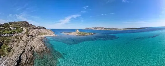 Framed Print : Drone view at the beach of Pelosa at Stintino on Sardinia in Italy Framed Print : Drone view at the beach of Pelosa at Stintino on Sardinia in Italy