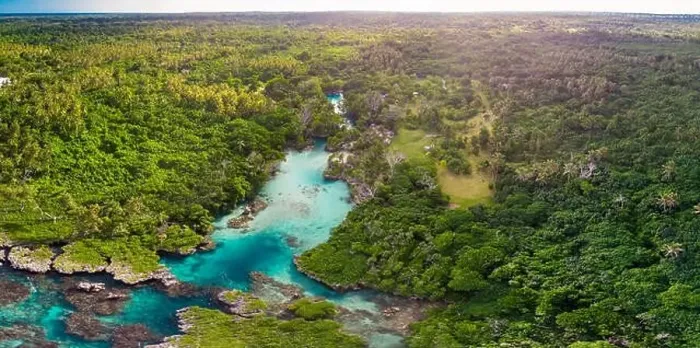Framed Print : Drone view of The Blue Lagoon, Port Vila, Efate, Vanuatu - famous tourist destination