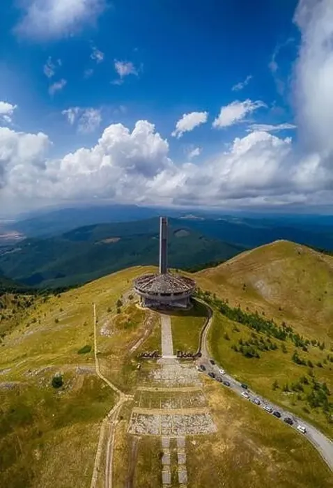 Framed Print : Drone top view Buzludzha - abandoned communist building in the Balkan mountains, Bulgaria. UFO dish look a like
