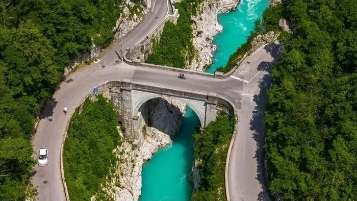 Framed Print : Drone View Capturing Napoleon Bridge Over Stunning Turquoise Soca River, Slovenia Framed Print : Drone View Capturing Napoleon Bridge Over Stunning Turquoise Soca River, Slovenia