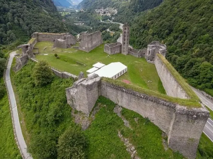 Framed Print : Drone view at the castle of Mesocco on the Swiss alps Framed Print : Drone view at the castle of Mesocco on the Swiss alps