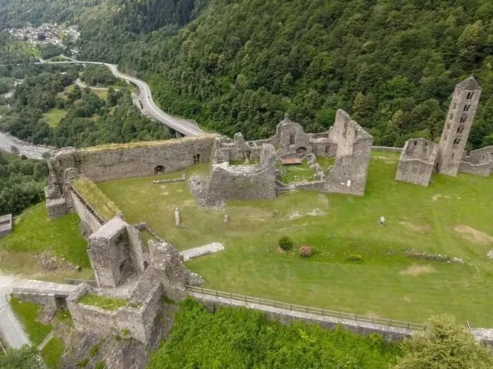 Framed Print : Drone view at the castle of Mesocco on the Swiss alps Framed Print : Drone view at the castle of Mesocco on the Swiss alps