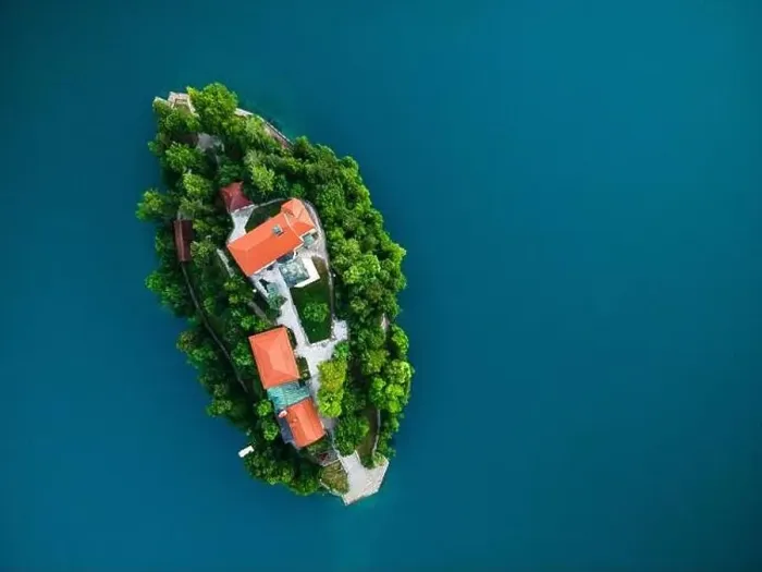 Framed Print : Drone View on Church on Island on Lake Bled in Slovenia at Summer Framed Print : Drone View on Church on Island on Lake Bled in Slovenia at Summer