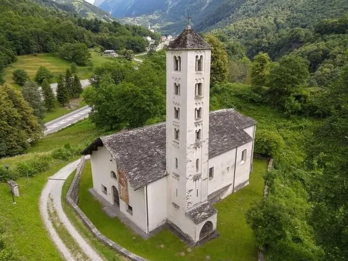 Framed Print : Drone view at the church of Mesocco on the Swiss alps Framed Print : Drone view at the church of Mesocco on the Swiss alps