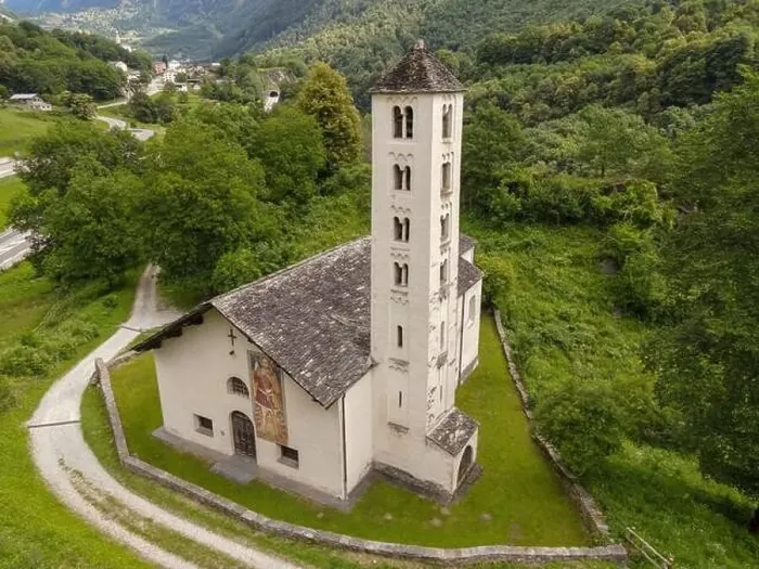 Framed Print : Drone view at the church of Mesocco on the Swiss alps Framed Print : Drone view at the church of Mesocco on the Swiss alps