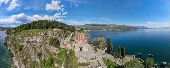 Framed Print : Drone view at the Church of Saint John on the Lake Ohrid on Macedonia Framed Print : Drone view at the Church of Saint John on the Lake Ohrid on Macedonia