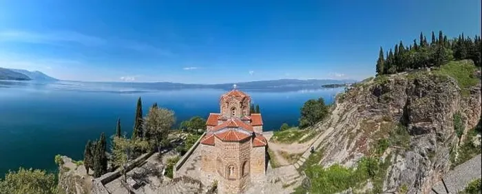 Framed Print : Drone view at the Church of Saint John on the Lake Ohrid on Macedonia Framed Print : Drone view at the Church of Saint John on the Lake Ohrid on Macedonia