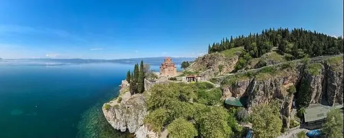 Framed Print : Drone view at the Church of Saint John on the Lake Ohrid on Macedonia Framed Print : Drone view at the Church of Saint John on the Lake Ohrid on Macedonia