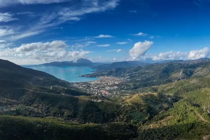 Framed Print : drone view of the coastal town of Sapri in the mountainous coastline of Campania Region in Italy