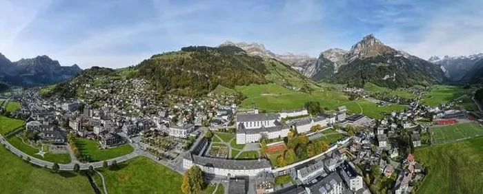 Framed Print : Drone view at a the convent of Engelberg on the Swiss alps