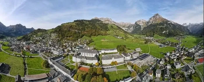 Framed Print : Drone view at a the convent of Engelberg on the Swiss alps