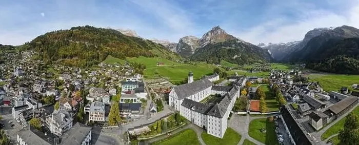 Framed Print : Drone view at a the convent of Engelberg on the Swiss alps