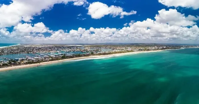 Framed Print : Drone view of famous Mooloolaba beach and marina on sunny day Framed Print : Drone view of famous Mooloolaba beach and marina on sunny day