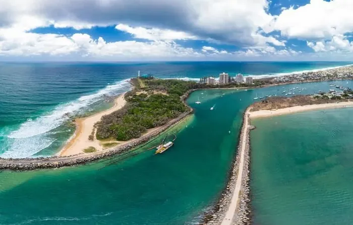 Framed Print : Drone view of famous Mooloolaba beach and marina on sunny day Framed Print : Drone view of famous Mooloolaba beach and marina on sunny day