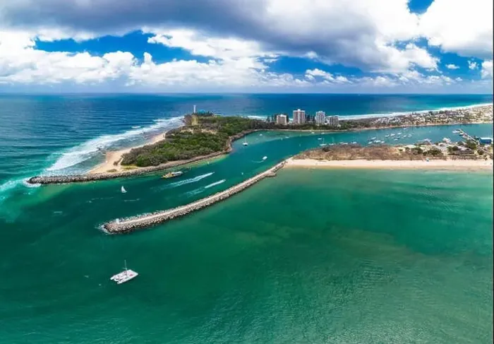 Framed Print : Drone view of famous Mooloolaba beach and marina on sunny day Framed Print : Drone view of famous Mooloolaba beach and marina on sunny day