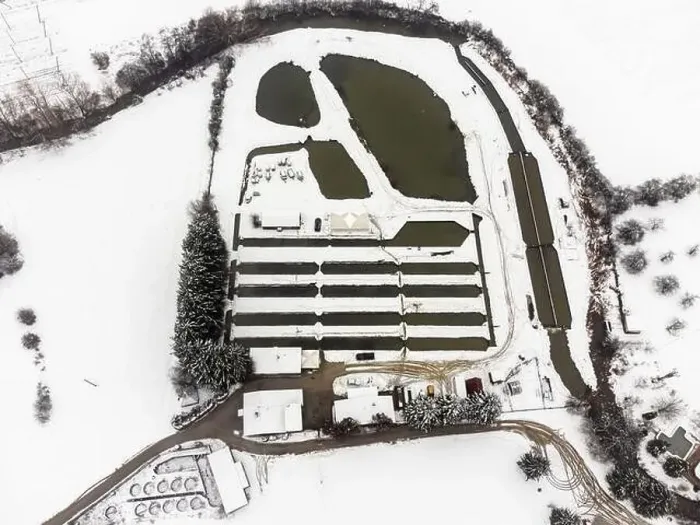 Framed Print : Top down drone view of fish farming ponds at rural area. Winter time. Landscape covered in snow Framed Print : Top down drone view of fish farming ponds at rural area. Winter time. Landscape covered in snow
