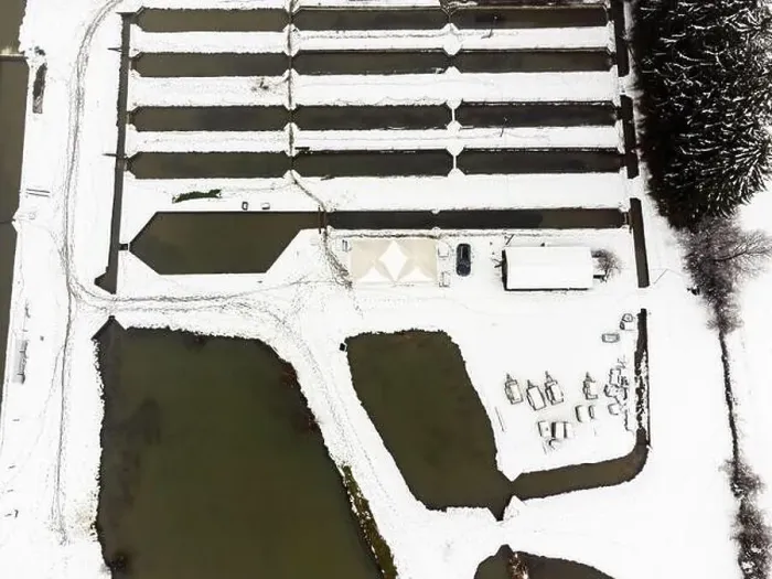 Framed Print : Top down drone view of fish farming ponds at rural area. Winter time. Landscape covered in snow Framed Print : Top down drone view of fish farming ponds at rural area. Winter time. Landscape covered in snow