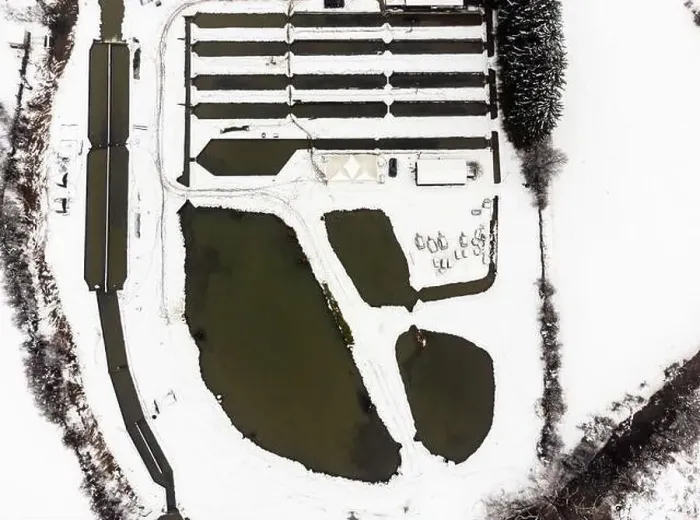 Framed Print : Top down drone view of fish farming ponds at rural area. Winter time. Landscape covered in snow Framed Print : Top down drone view of fish farming ponds at rural area. Winter time. Landscape covered in snow