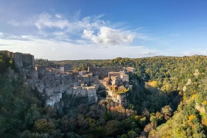 Framed Print : Drone view of the fortified medieval village of Sorano in Tuscany Framed Print : Drone view of the fortified medieval village of Sorano in Tuscany