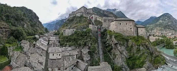 Framed Print : Drone view at the fortress of Bard on Aosta velley in Italy Framed Print : Drone view at the fortress of Bard on Aosta velley in Italy